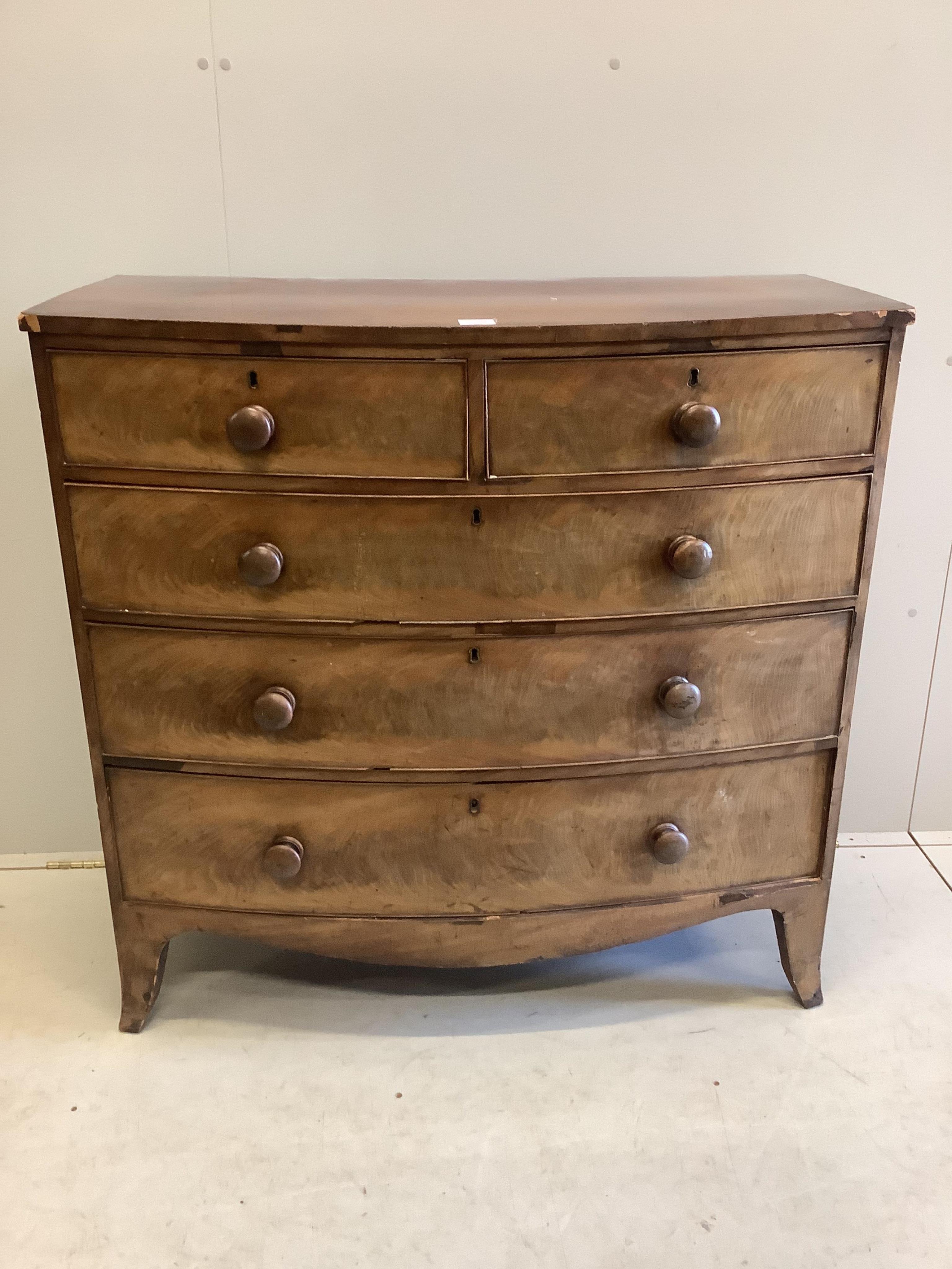 A Regency mahogany bowfront chest, width 106cm, depth 50cm, height 102cm. Condition - poor